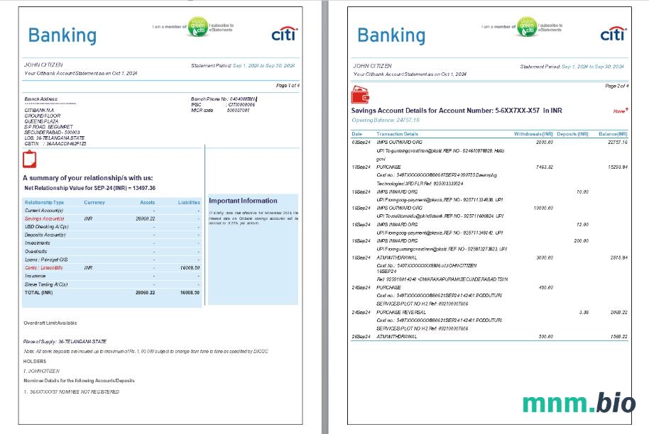 India Central Bank Of India wyciąg z konta Word i szablon PDF, 2 strony